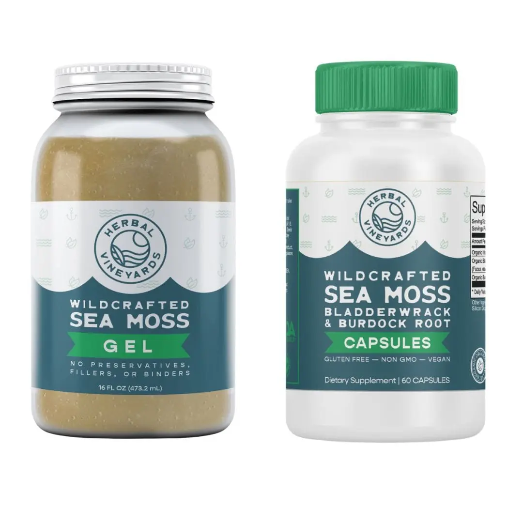 Herbal Vineyards Gold Sea Moss Gel & Capsules Bundle - 60 Day Supply, Wildcrafted Irish Sea Moss, Bladderwrack, Burdock Root, Vegan Healthcare Supplement for Daily Routine - Unflavored, Smooth