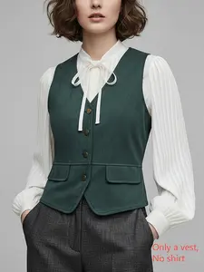 Women's Spring & Fall Retro Style Vest, Elegant British Wind Button Front Fitted Waistcoat, Plain Pattern Short Clothing