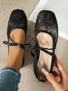 Elegant French Style Fairy Mary Jane Shoes, Square Toe Ballet Mesh Flat Single Shoe, Women's Fashion Footwear for All Seasons, Flats Shoes Women