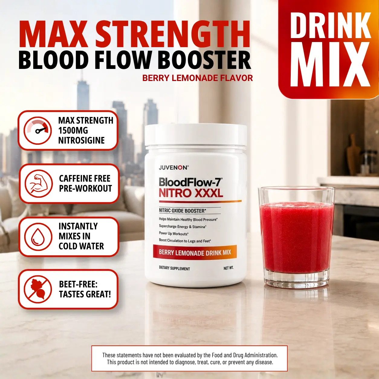 Juvenon BloodFlow-7 Nitro XXXL Drink Mix – Max Strength Nitric Oxide Powder with 1500mg Nitrosigine – Beet-Free Blood Flow & Circulation Support Drink – Berry Lemonade, Mixes Instantly, Great Taste – 30 Servings, Dietary Nutrition Supplement, Circulation