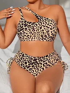 Plus Size 2pcs Leopard Print High Waisted Bikini Set, Plus One Shoulder Cut Out Bikini Top & Drawstring Ruched Swim Knicker Swimsuit Set, Women's Plus Swimwear for Summer Beach Holiday Vacation Leopard Print Bikinis Beachwear Swimsuit