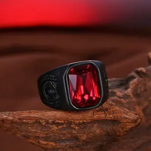 1pc square ring for men, Punk style with red stone, fashion accessory and valentine jewelry gift