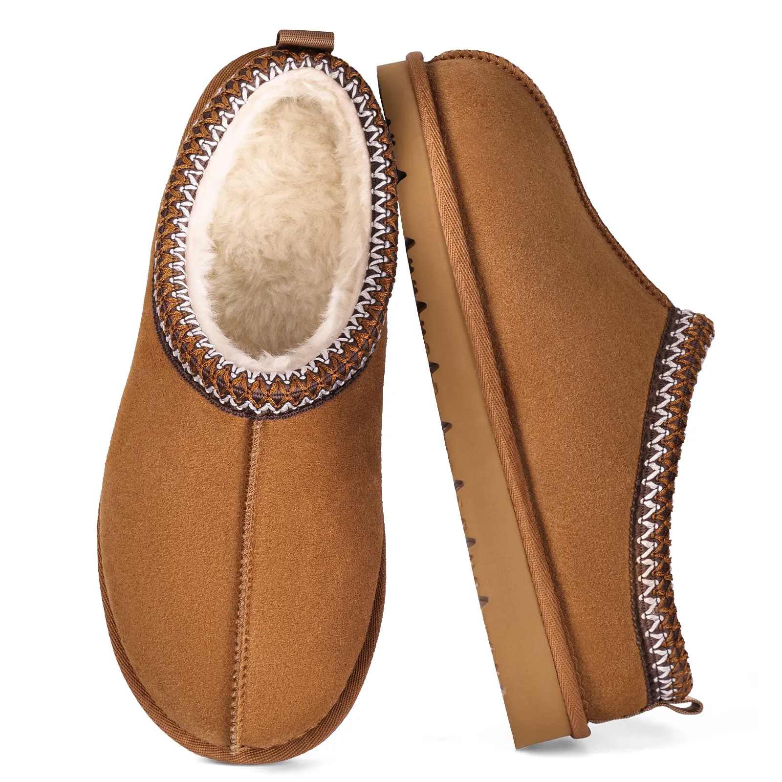 Women's Chestnut Suede Leather Classic Chunky Slide House Slippers - Warm Cozy Furry Easy Slip-On for Couch, Coffee Runs - EVA Outsole, Memory Foam Insole - Ideal Gift for Women's Footwear