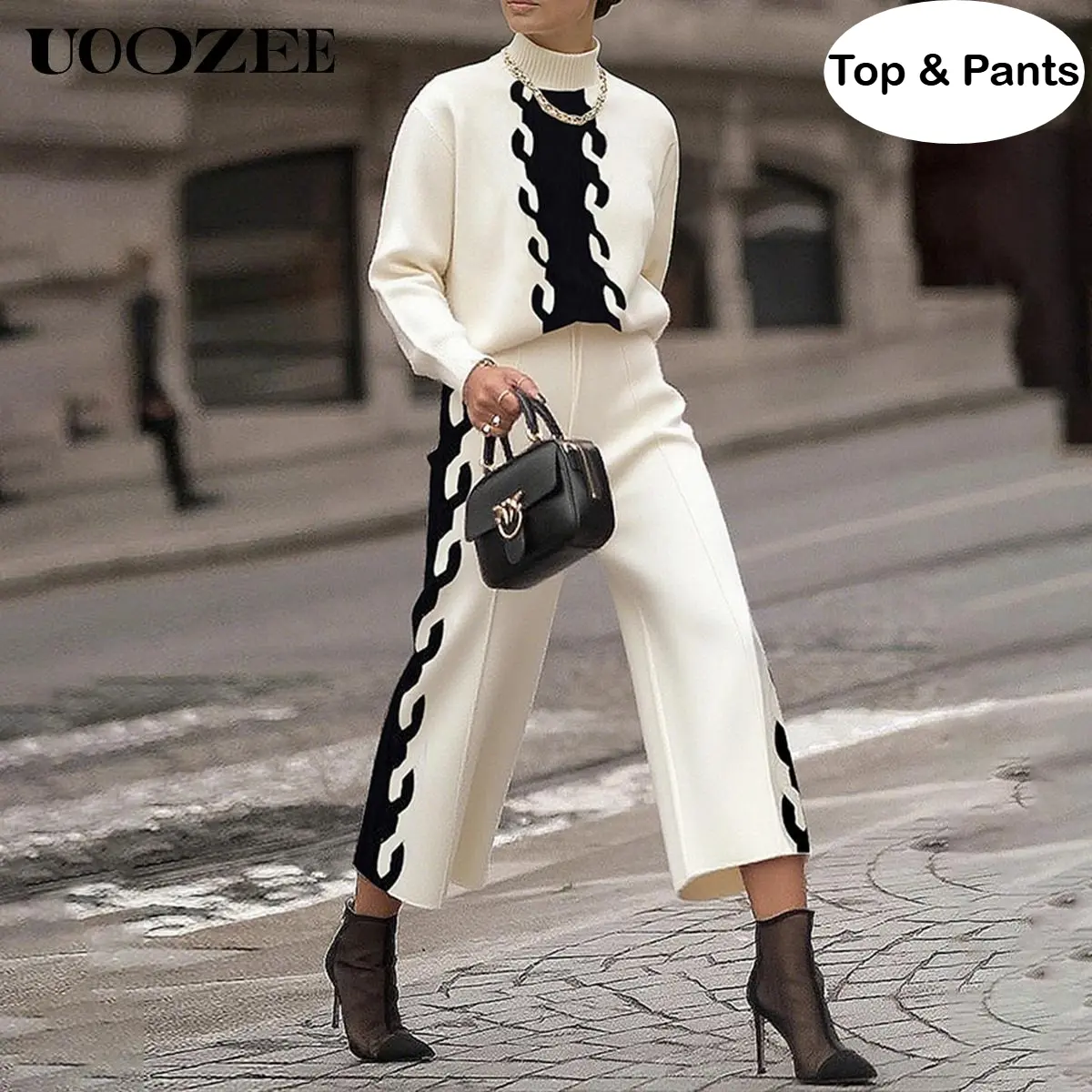UOOZEE Women's 2-Piece Knitted Outfit, Streetwear Color-Block Longsleeve Turtleneck Sweater and High-Waist Straight-Leg Pants, Outfits, Lady, Thick, Elastic, Casual, Style, Comfortable, Fitted, Clothes, Minimalist, Matching, Nylon