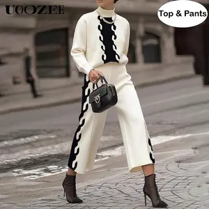 UOOZEE Women's Thick Knitted 2-Piece Matching Set, Color-Block Streetwear Outfit with a Long Sleeve Turtleneck Sweater and High-Waist Straight-Leg Pants
