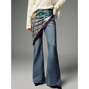 URBAN REVIVO Women's Fitted Flared Jeans - Polyester-Cotton Denim Pants, 2026 Spring Casual Streetwear, Hip Bottom with Fun Print Scarf Detail, UWH860025