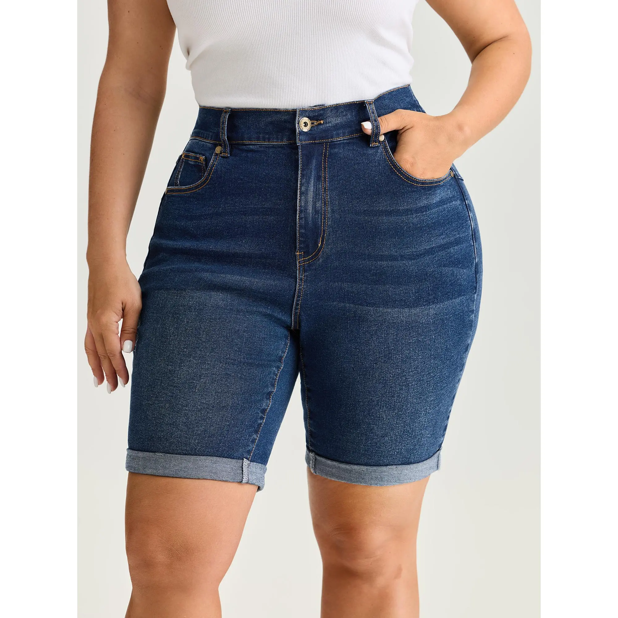 BloomChic Plus Size Curvy Skinny Fit Jean Shorts, High Stretch Cotton Jorts for Women with No-Gap Waist, Casual Pull-On Style, Garment, Pocket, Bottom, Fabric, Spandex, Basic, Cotton Blend, Cold Wash