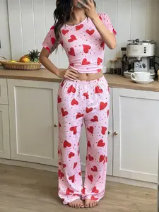 Women's Heart Print Round Neck Long Sleeve T-Shirt & Loose Loungewear Sleepwear Set, Cute Casual Home Wear for Teens Girls, 2 Piece