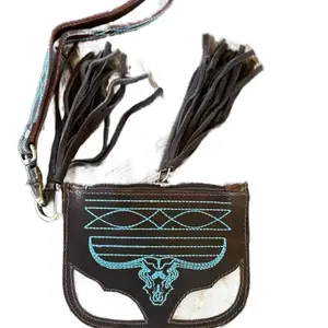 Longhorn Leather Coin Pouch Wristlet with Turquoise Embroidery and Fringe Detail