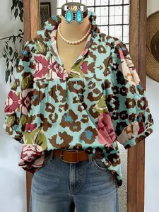 Vintage Rustic Casual Spring Summer Blouse Shirt Top for Women - Stand Collar & Pleated Flutter Sleeves with Floral Paisley Print