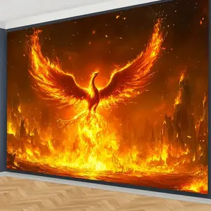 [Home Decoration] Fiery Lava Phoenix Wall Mural - Spectacular Regurgitation Scene with Fiery Phoenix in Fiery Cityscape, Polyester Material, Perfect for Indoor, Home, and Office Decor, Adding Visual Impact and a Personal Touch to Any Space