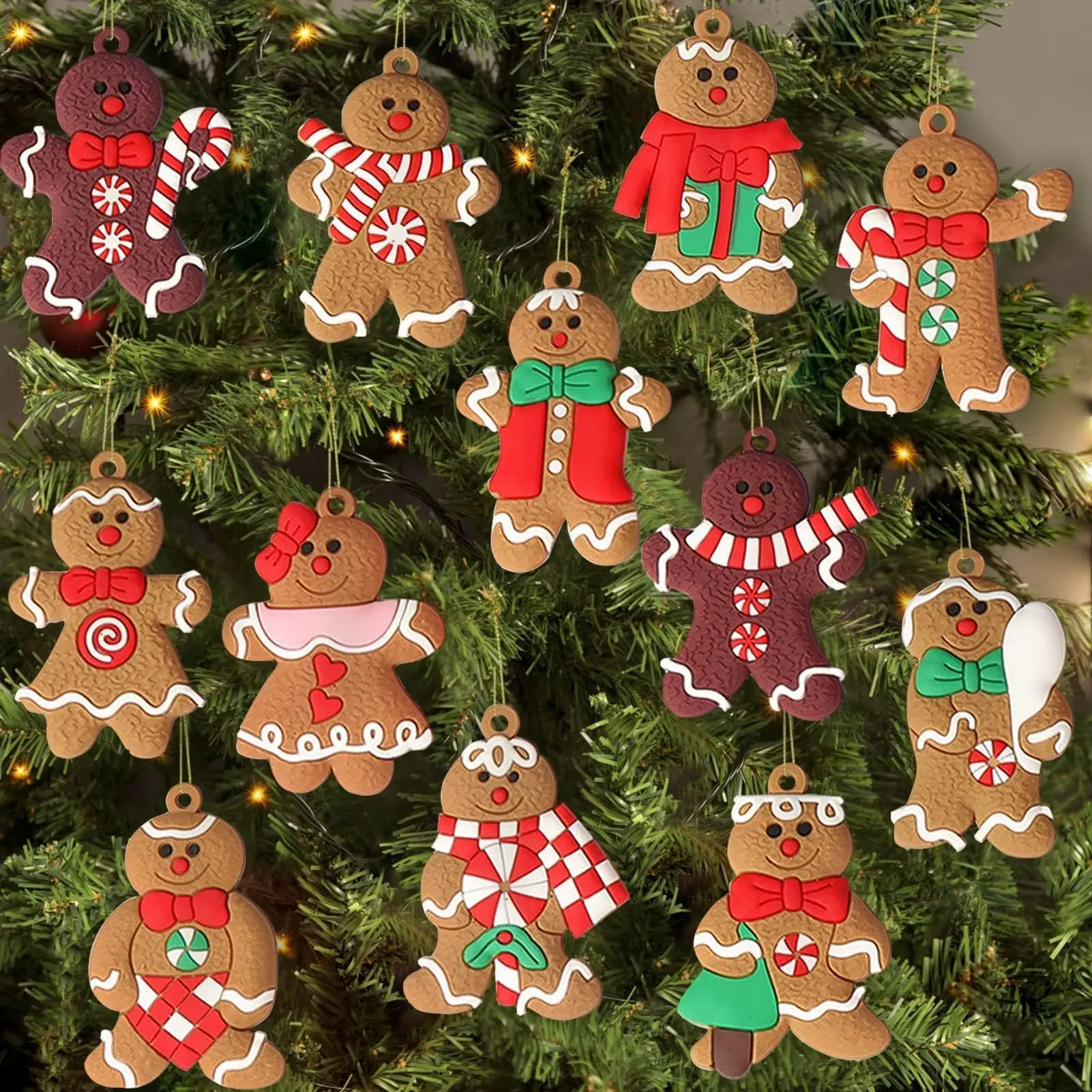 24 Piece Gingerbread Man Christmas Tree Ornaments, Various Gingerbread Statue Decorations, 3 Inch Tall, Party Occasion