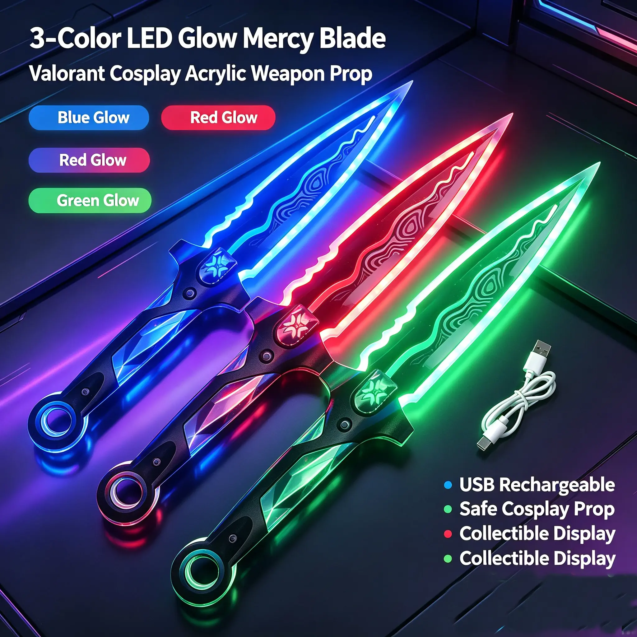 LED Glowing Recon Knife Valorant Cosplay Prop, Acrylic Light Up Mercy Blade Toy