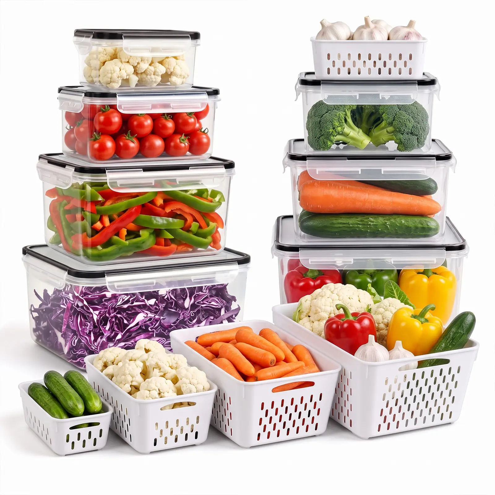 4 Pack Fridge Organizers and Storage - Stackable Fruit Storage Containers for Fridge with Removable Colander, BPA-Free Food Storage Container for Salad Berry Lettuce Vegetables Meat Keeper Fresh
