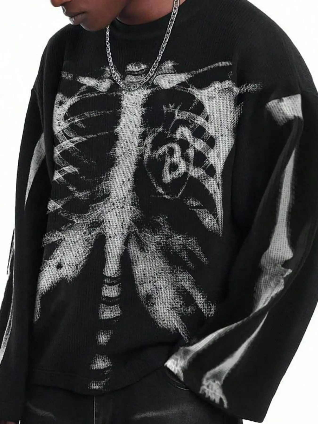 1pc Men's Vintage Y2K Skeleton Print Long Sleeve Tee Waffle Textured Relaxed Fit Cyber Grunge Streetwear White Loose Crewneck Tee