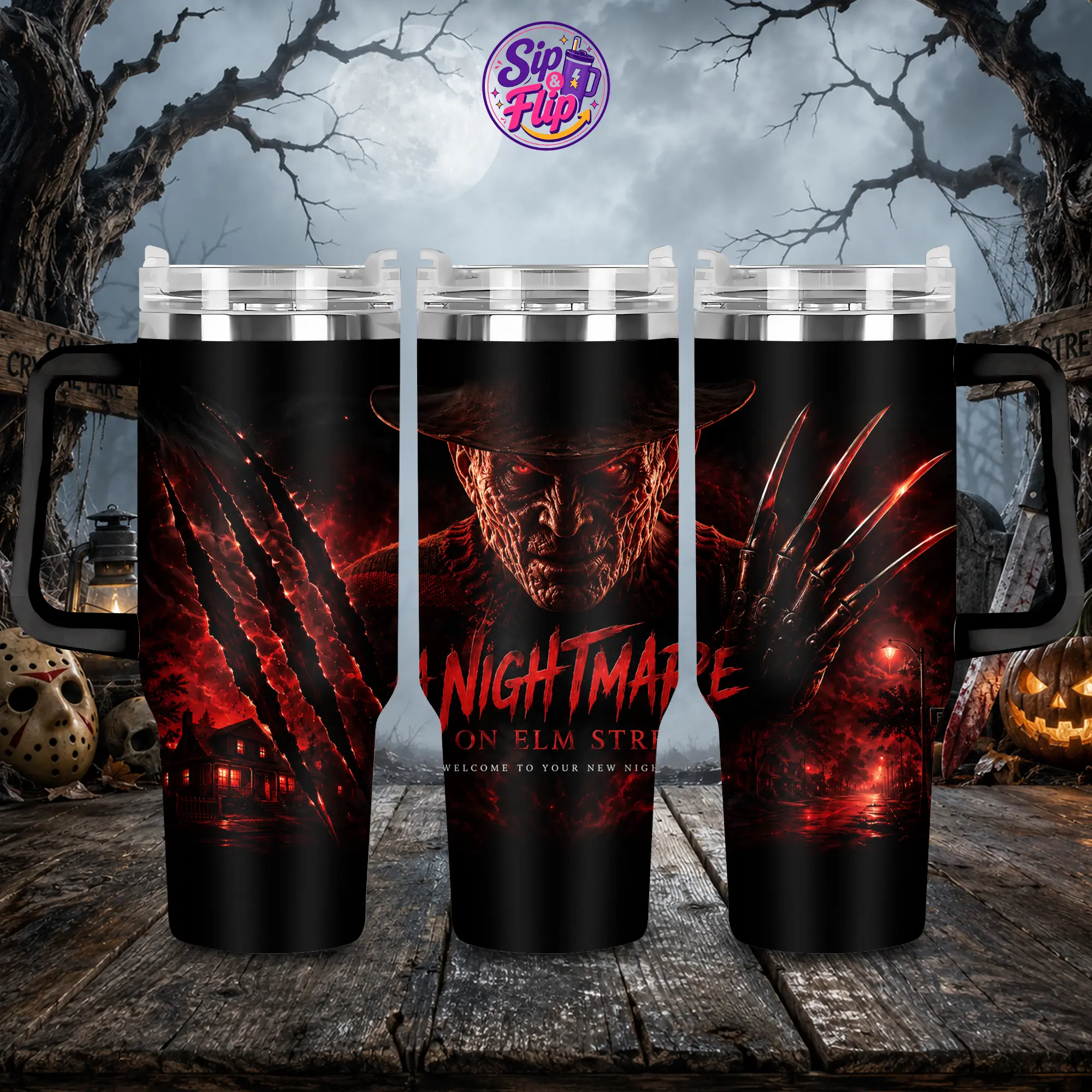 A Nightmare on Elm Street Freddy Krueger 40oz Tumbler with Handle and Straw, Classic Slasher Horror Movie Cup, Halloween Nightmare Killer Insulated Stainless Steel Travel Mug, Freddy Horror Fan Gift, Creepy Spooky Season Drinkware