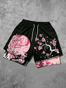 Japanese Cherry Blossom Print Two-Piece Mesh Gym Shorts, Colorblock Quick-Dry, Casual Loose-Fitting Graphic Shorts, Athleisure Shorts