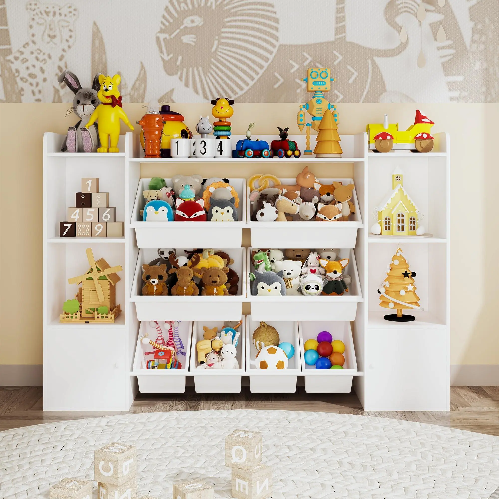 Kids Toy Storage Organizer with 8 Bins, 7 Open Shelves & 2 Doors, Compact Toddler Bookshelf, Wood Playroom Organization for Living Rooms, Nursery