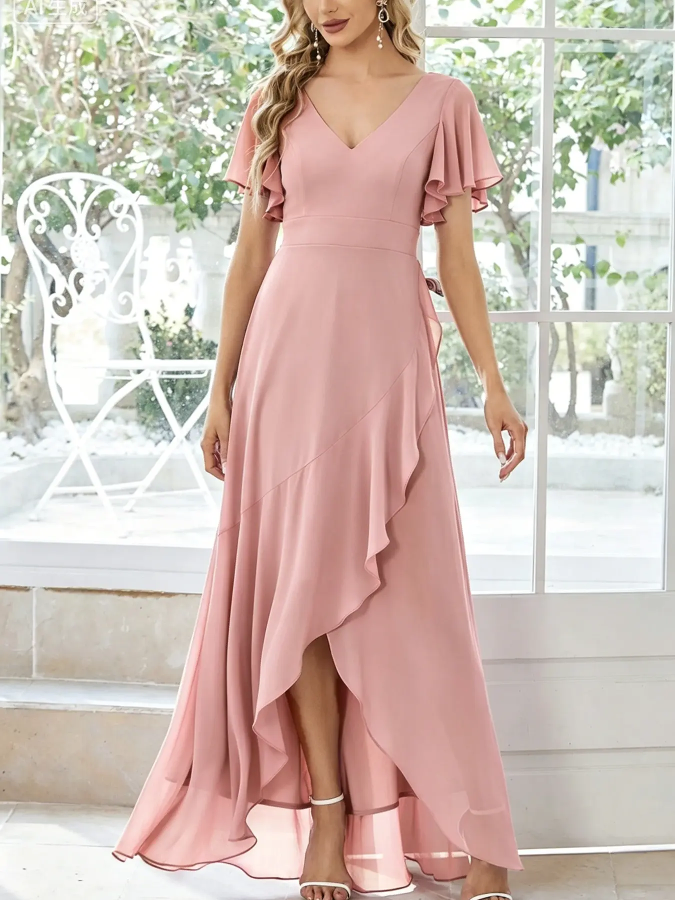 Elegant Floral Dress, V-Neck Flutter Sleeve, Layered Cake Skirt, Split Hem Long Dress, Bridesmaid Party Gown, Soft Fairy Style, Womenswear