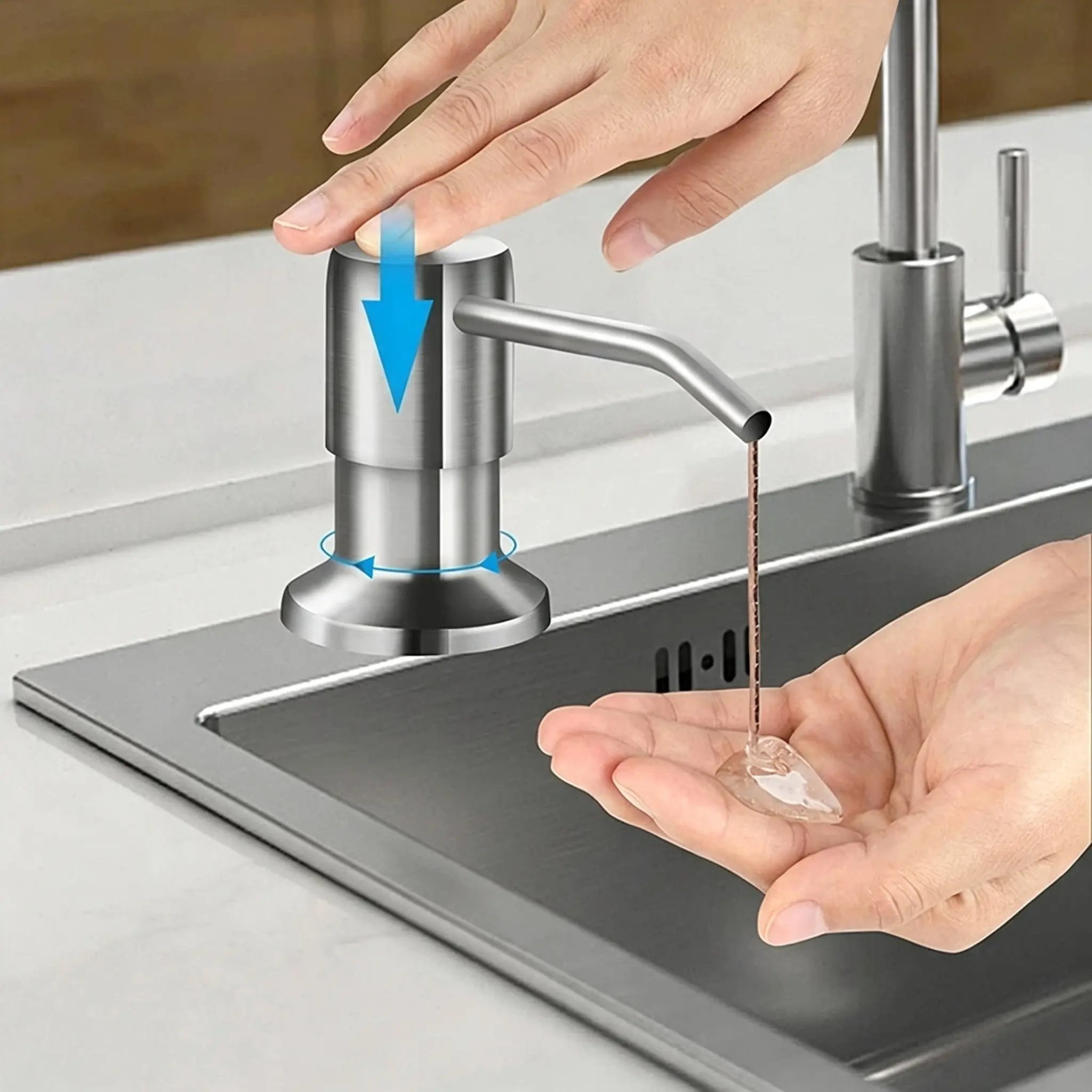 Brushed Nickel-Silver Kitchen Sink Soap Dispenser Kit - Countertop Dish Soap Pump with 39 In No-Spill Extension Tube, Refill-Free Design for Kitchen, Bathroom