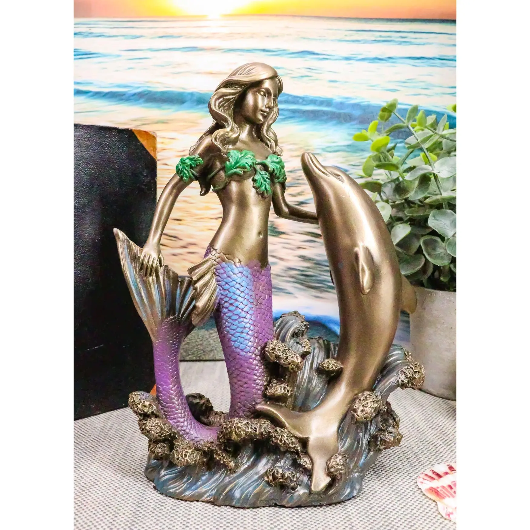 Art Nouveau Ocean Siren Mermaid With Bottlenose Dolphin Statue Nautical Decor