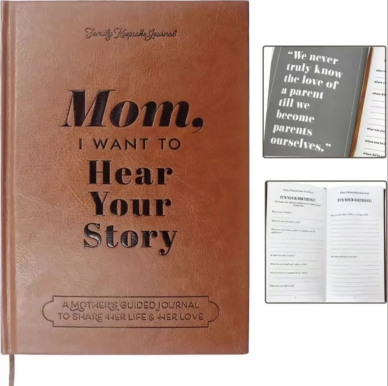 Mom, I Want to Hear Your Story - Leather Hardcover Guided Journal Notebook, Fill-in Memory Book to Share Her Life & Love, Sentimental Mother's Day Keepsake Gift for Mom