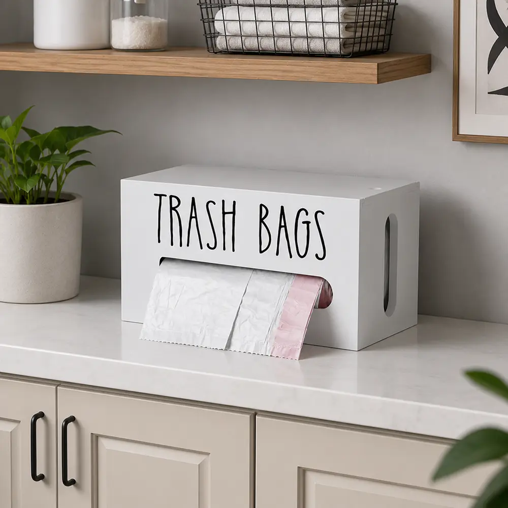 Household Wooden Trash Bag Dispenser - Wall-Mount, Countertop or Under-Sink Kitchen Storage Bin, Heavy-Duty White Organizer for 10,13,33 Gal Trash Bag Rolls, 10x5.5x5.5 In
