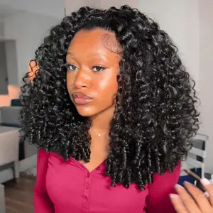 Burmese Curly 3 IN 1 Half Wigs Human Hair Wig With Drawstring Clip Ins Flip Over 200% Density Machine Made Kinky Curly Half Wigs  For Women Natural Color