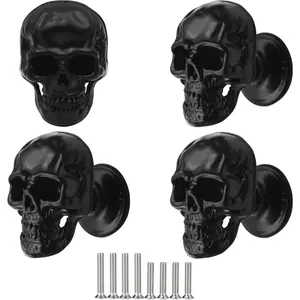 4 pcs Creative Skull Knobs Pull Handle Cabinet Door Furniture Dresser Kitchen Wardrobe Single Hole Pulls Handles (Black)
