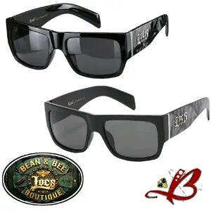 Locs x Weedboat Willie Hardcore Shades – Black OG Style Square Frame with Weed Leaf Camo Print Arms –  Cholo Biker Urban Street Chola Chic Gangsta Hip-Hop Sunglasses - Gloss or Matte Finish - Bean & Bee Boutique Special Edition