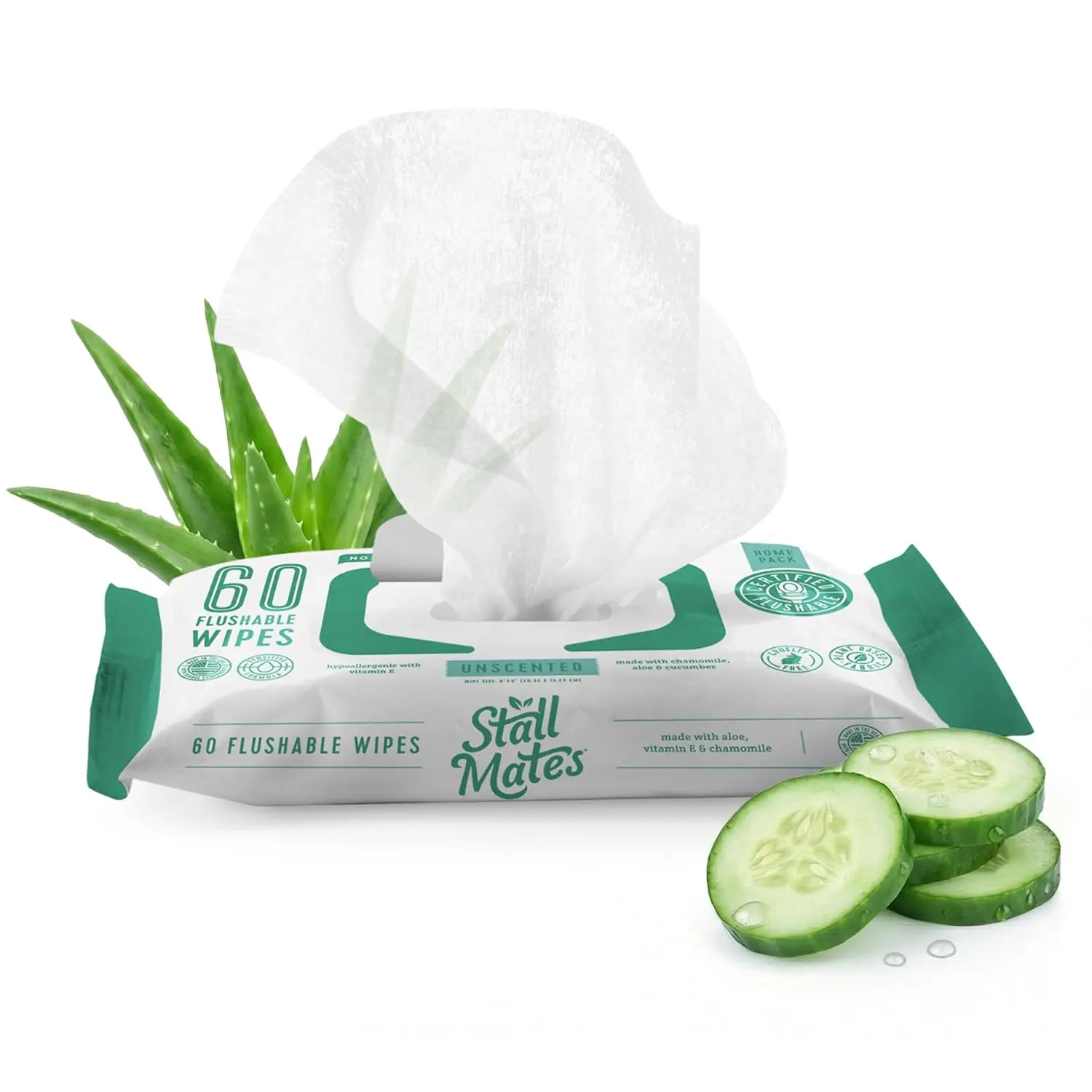 Stall Mates 60-Wipe Home Pack: Flushable, Hypoallergenic Moist Wipes, Unscented with Cucumber, Vitamin-E & Aloe