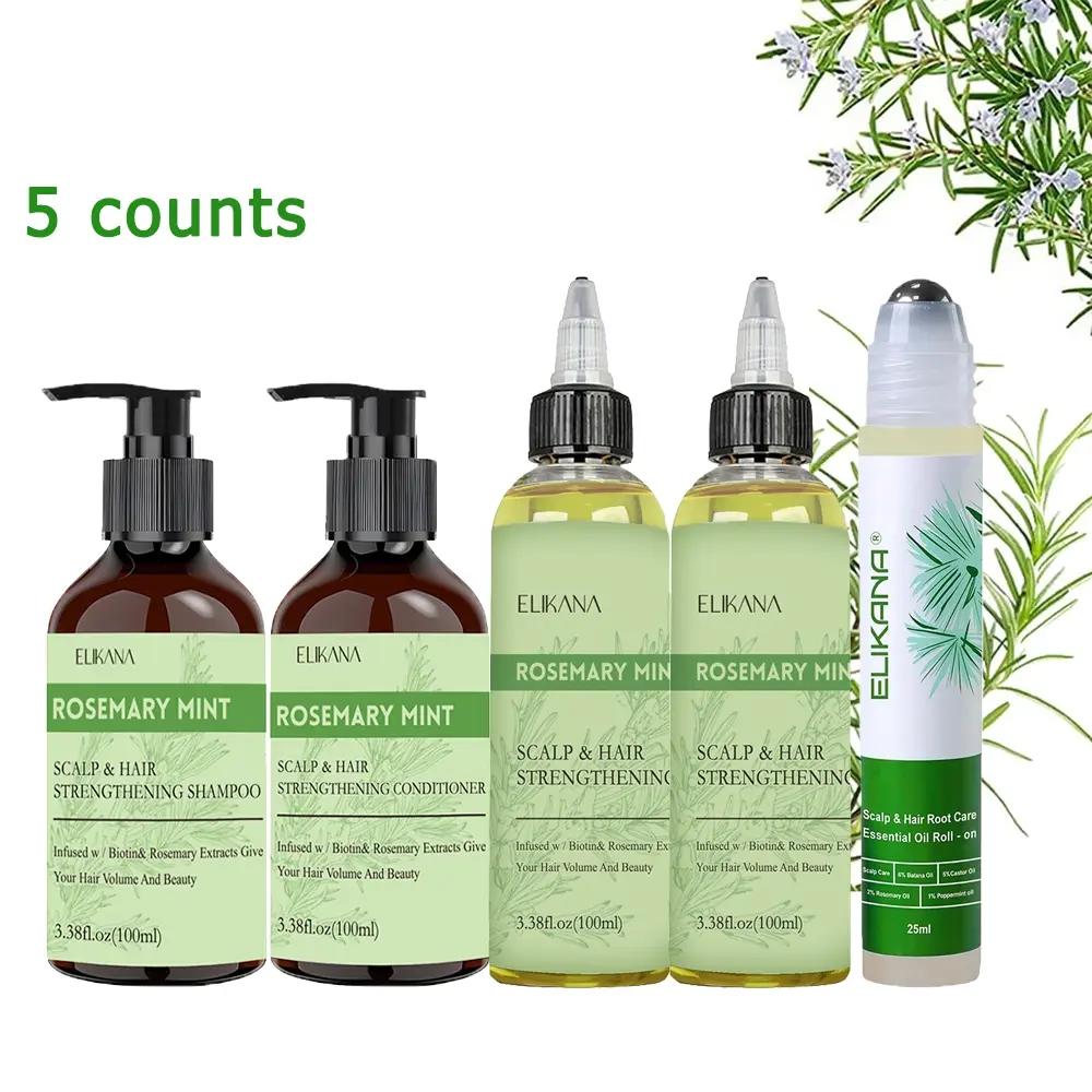 Rosemary Haircare Set, Anti Frizz Haircare, with Biotin and Mint Oil, Deep Conditioning, Scalp and Root Care, Smooths Frizz and Split Ends, Healthy Dense Hair. (Including Treatment Shampoo, Conditioner, Essential Oils, And Roller Ball)
