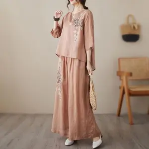 New2025 Cotton and Linen Vintage Embroidery  Women's Summer Fashion Shirt Light Wide Leg Pants Slim Mother Two Pieces  embrace kapok suit(Gift)11