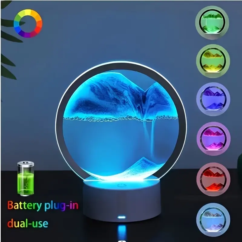 3D Moving Sand Art Desk Lamp - RGB Color Changing Sandscape Liquid Motion Display Night Light, Battery & Plug-in Dual-Use Table Sensory Product, Creative Birthday Gift, Fengshui Home Decor Ornament, Sensory Products
