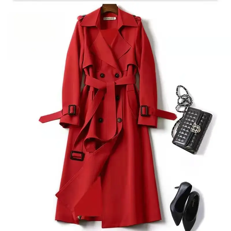 Women's Slim-Fit Notched Lapel Double-Breasted Trench Coat - Long Sleeves, Solid Color, Detachable Belt, Mid-Length Trench Fabric, Machine Washable, Minimalist Casual Fall Winter Work Outerwear, Coat Jacket, Longsleeves, Comfy Fabric, Tops, Clothes, Outdo