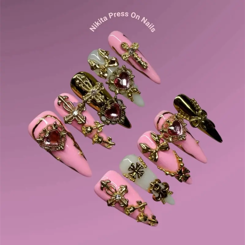 NikitaNails GOLDEN EMPRESS– 10PCS 100%Handcrafted 3D Press-On Nails | Reusable, Long-Lasting, Salon-Quality