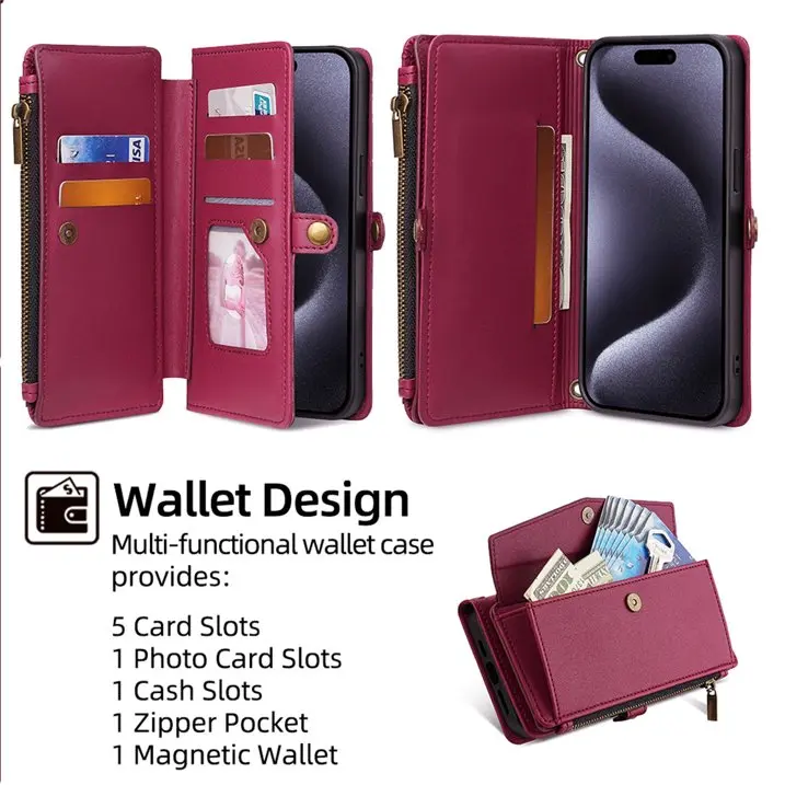 PU Leather RFID Blocking Wallet Case with Card Holder, Flip Folio, Kickstand, Crossbody Strap - Shockproof Protection Casing & Cover Accessories for iPhone 13 14 15 16 17 ProMax (White, Black, Red, Pink)