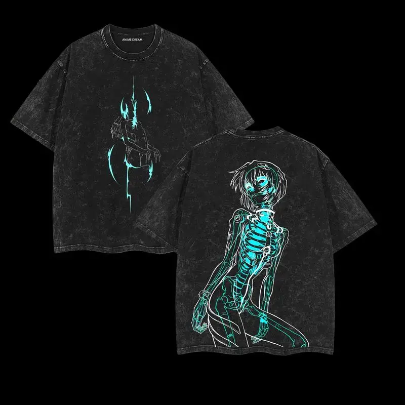 Men's Oversized Loose Heavy Cotton Crew Neck T-Shirt - Neon Evangelion Anime All Over Print, Retro Washed, Lettuce Trim, Streetwear Casual Menswear Unisex Top