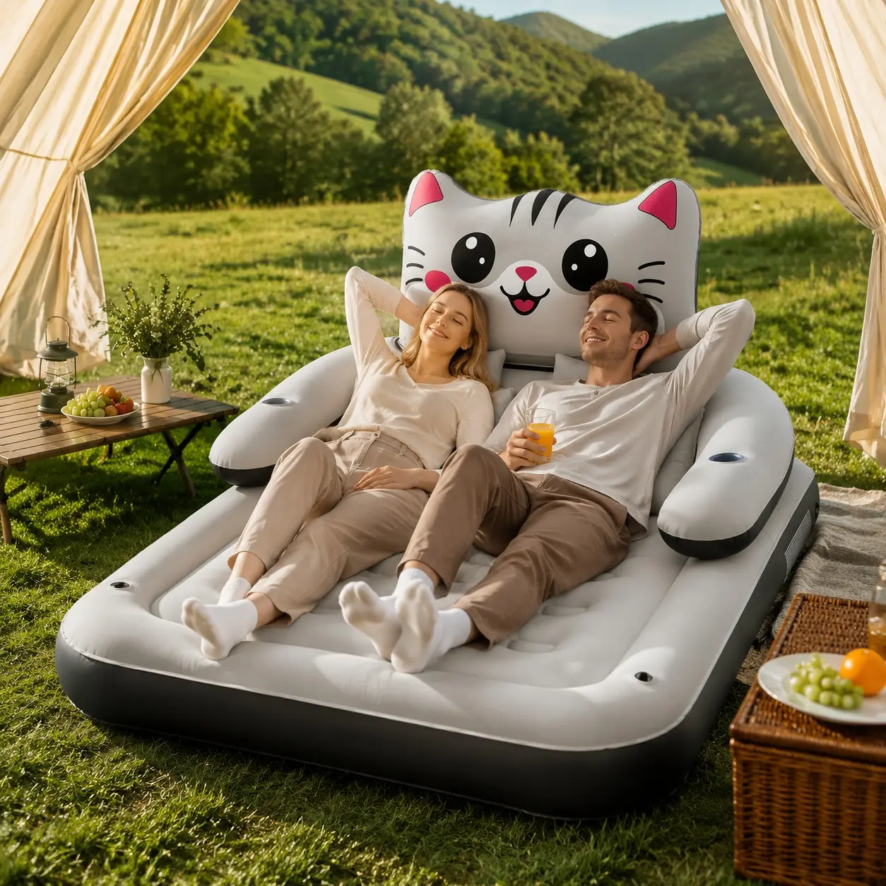 Inflatable Lounger Bed with Cat Design Backrest, Comfortable Air Mattress Sofa for Camping, Bedroom, Living Room, Travel and Outdoor Relaxation