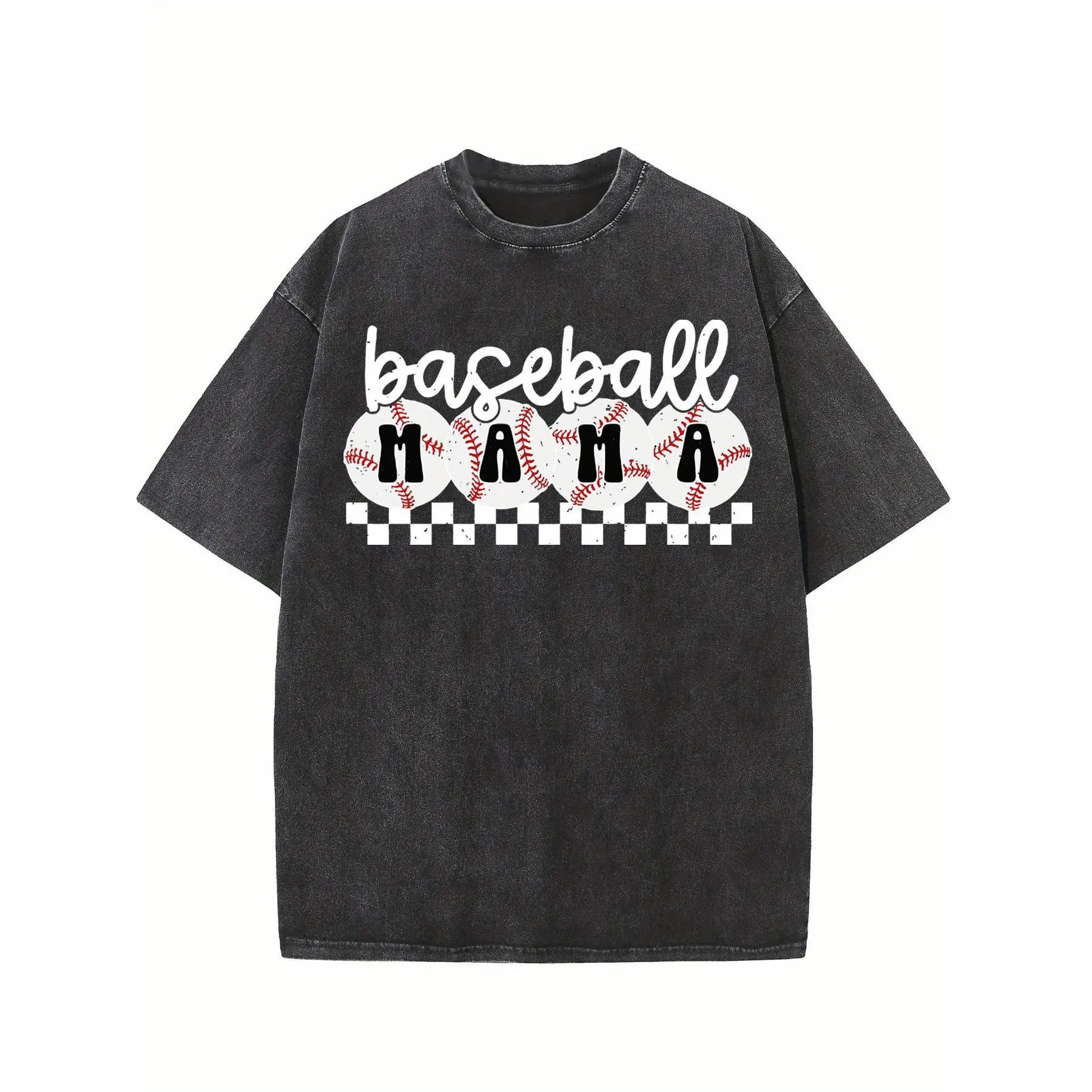 Men's Oversized Washed Cotton Tshirt - Geometric Checkerboard Print, Casual Loose Fit Short Sleeve Round Neck Top with Slight Stretch, Machine Washable Menswear