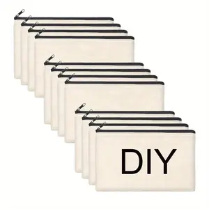 Canvas Storage Bag, 12pcs Blank Canvas Makeup Pouch for DIY Craft, Storage Bag for Travel, Portable Stationery Bag, Home Organizer