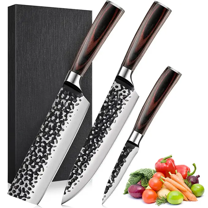 3PCS Professional Kitchen Knife Set Forged Hammered Japanese Chef Knife Sharp German High Carbon Stainless Steel 8 inch Chef's Knife 7 inch Nakiri Kni