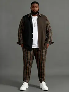 Plus Size Retro Sport Suit for Men's Casual Long Sleeve T-shirt & Plaid Trouser Leisure Suit in Brown Ideal for Daily Wear & Formal Occasions Stylish Menswear Clothes  tracksuits for men