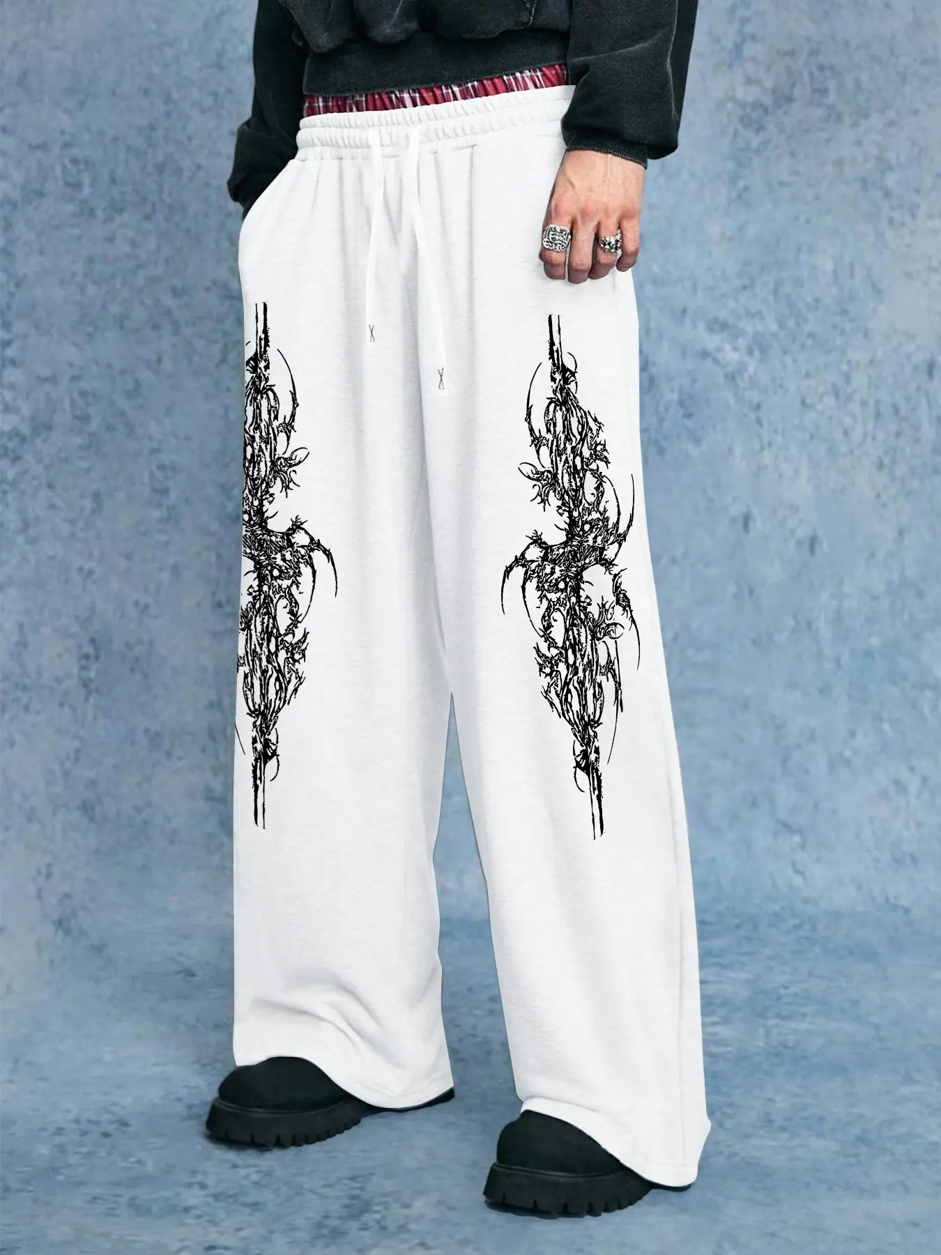 Men's Casual Sporty Long Pants, Tattoo Pattern Printed Sweatpants, Drawstring Loose Wide Leg, All-Season Fitted Men's Clothing