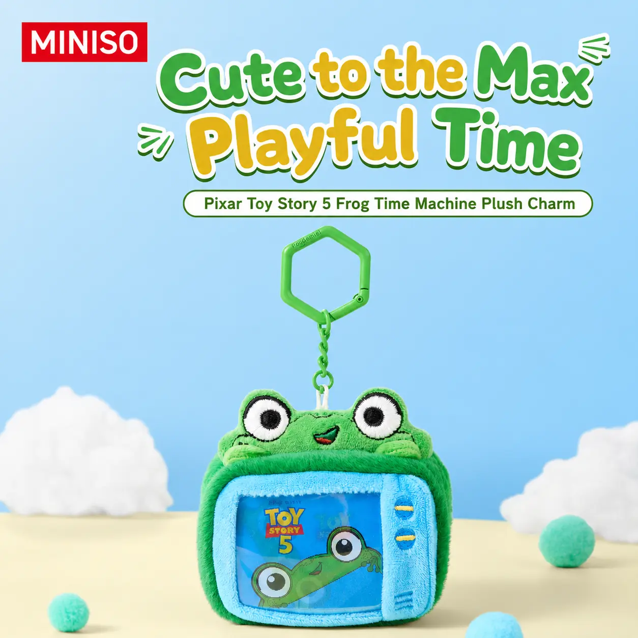 MINISO Pixar Toy Story 5 Lilypad Frog Stuffed Animal Keychain - Fluffy Plush Charm, Bag Charm, Tablet/Backpack/Key Decor, Kawaii Collectible Birthday Gift for Kids Fans, Bag Charms, Back To School
