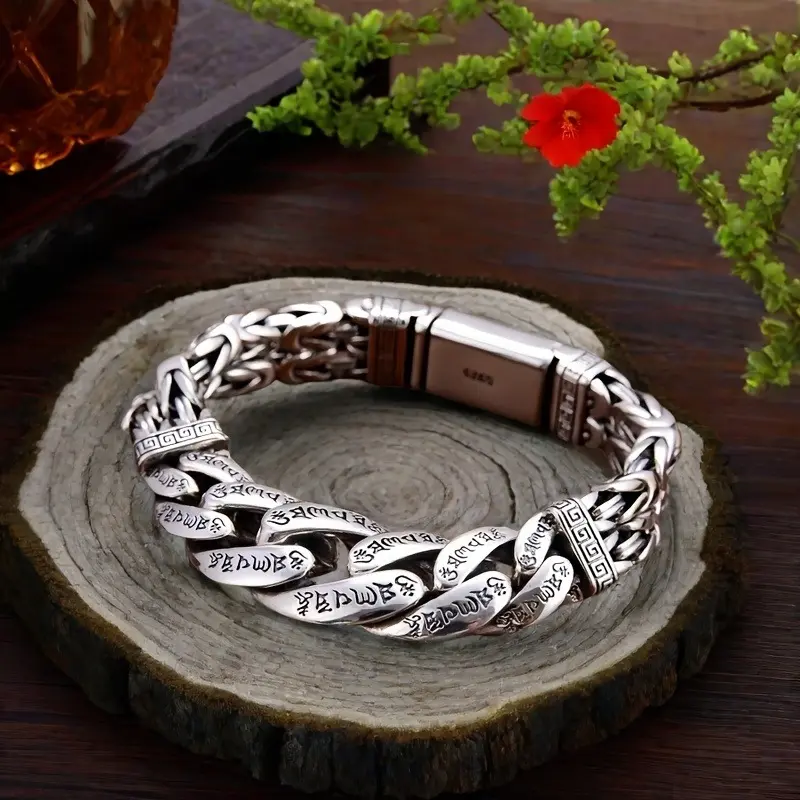 S925 Sterling Silver Cuban Link Bracelet, Retro Oxidized Chain with Engraved Om Mani Padme Hum Mantra for Men & Women, High Quality Spiritual Jewelry, Cuban Bracelets, Fashionable Bracelet