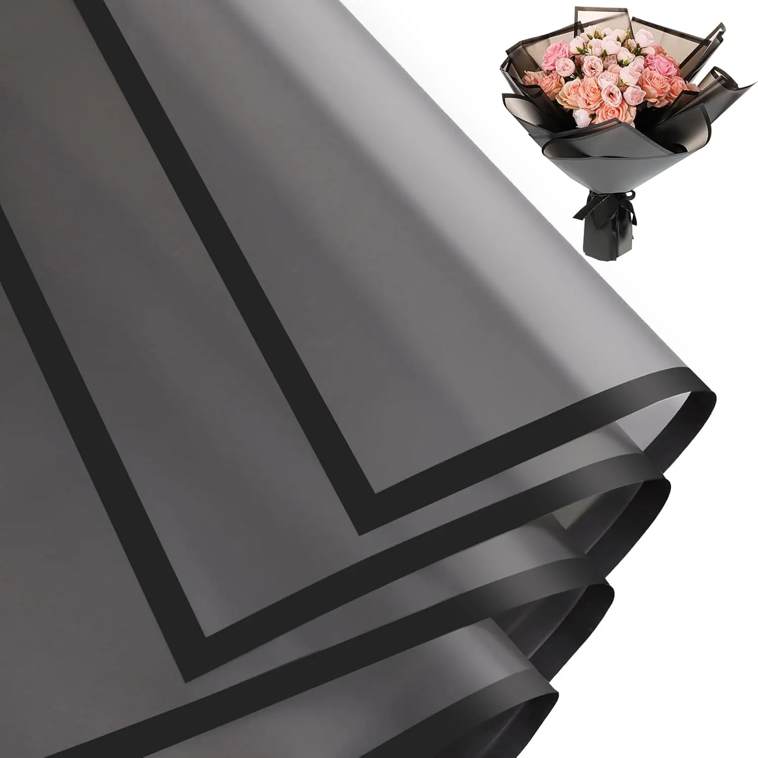 Black Plastic Floral Wrapping Paper (25 Sheets) - 22.04x22.04 Inches Thick, Waterproof, Translucent, Glossy Surface, Black-Tone Border - Durable Gifts & Wrapping Florist Supplies for Wrapping Flowers, Anniversary Gifts, Translucent Paper