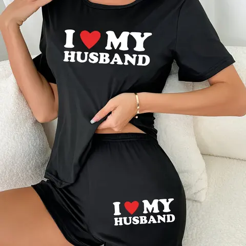 Women's Short Sleeve and Shorts Set, Heart Letter Print Sleepwear, Casual Loose Fit Nightwear, Comfortable Summer Loungewear, Matching Pj Set, Casual Pajamas Outfit, Loose Fitting Sleepwear, Printed Sleepwear Set