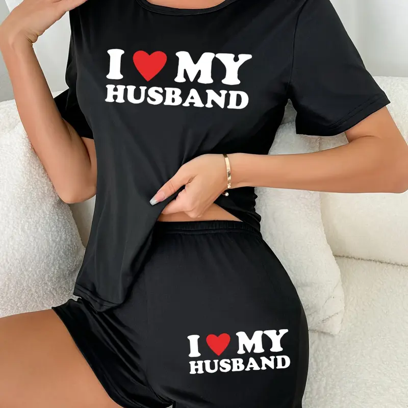 Women's Short Sleeve and Shorts Set, Heart Letter Print Sleepwear, Casual Loose Fit Nightwear, Comfortable Summer Loungewear, Matching Pj Set, Casual Pajamas Outfit, Loose Fitting Sleepwear, Printed Sleepwear Set