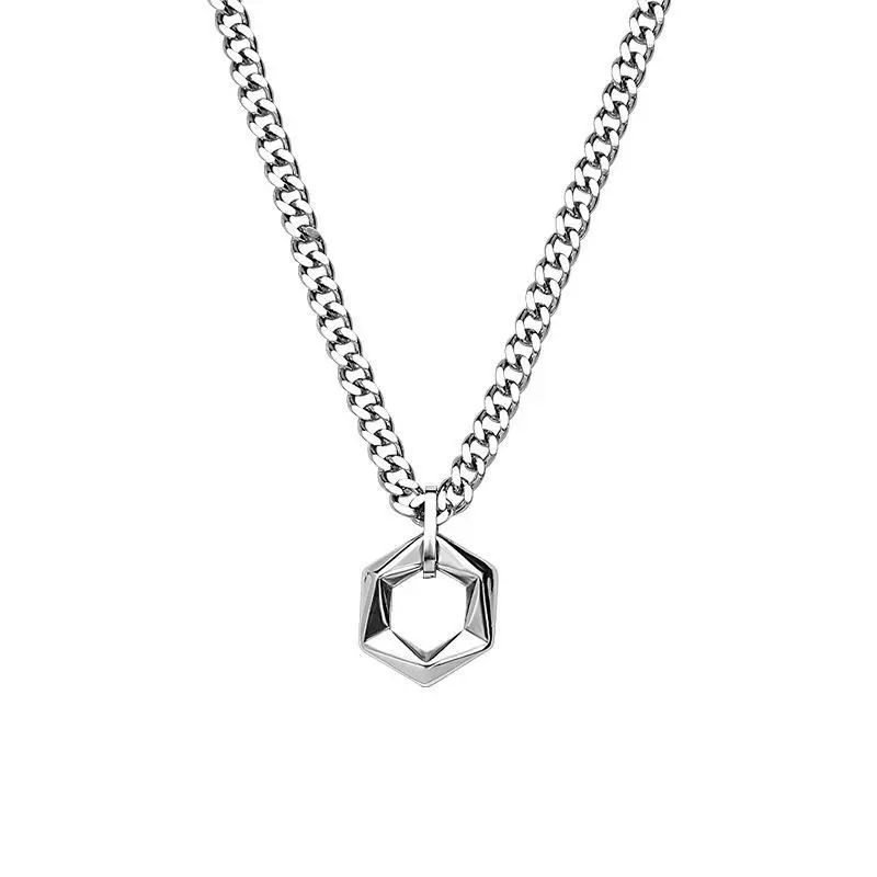 Stainless Steel Geometric Hexagon Necklace for Men & Women, Minimalist Pendant with Polished Cuban Chain, Trendy Jewelry, Daily Wear